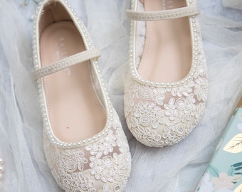 Ivory Crochet Lace Mary Jane Flats with MINI PEARLS, For flower girls, baptism shoes, christening shoes, baby shoes