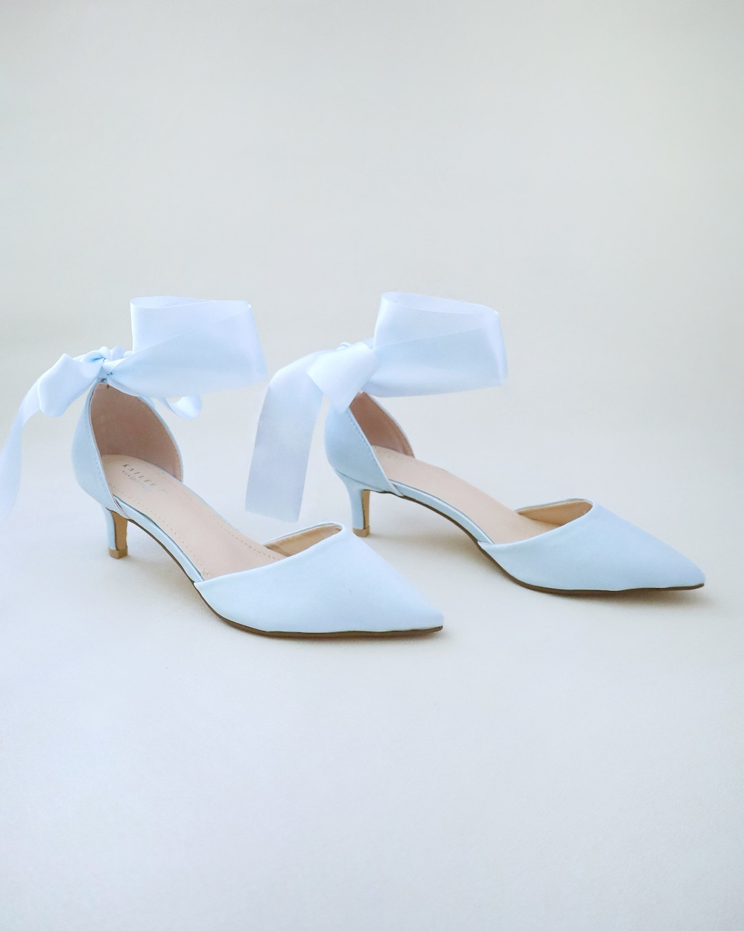 Light Blue Satin Pointy Toe Low Heels With Wrapped Ankle Tie, Fall ...