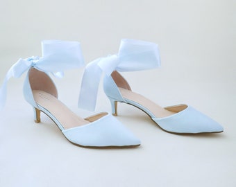 Light Blue Satin Pointy Toe Low Heels with Wrapped Ankle Tie, Fall Wedding Shoes, Bridal Shoes, Bridal Low Heels, Something Blue