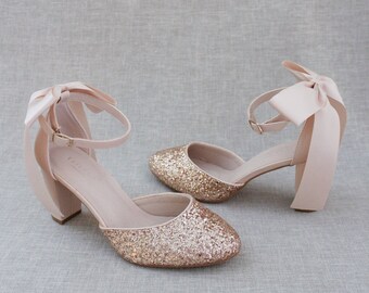 Rose Gold Rock Glitter Block Heel With BLUSH SATIN Back Bow, Fall