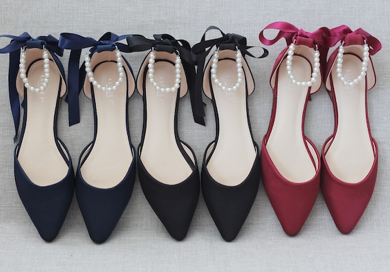 Navy Blue Satin Pointy Toe Flats With PEARLS ANKLE STRAP Fall