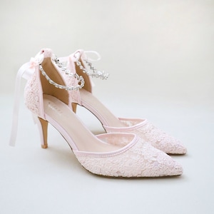 Dusty Pink Crochet Lace Pointy toe HEELS with Amaryllis Crystal Strap - Women Wedding Shoes, Bridesmaid Shoes, Pink Bridal Shoes