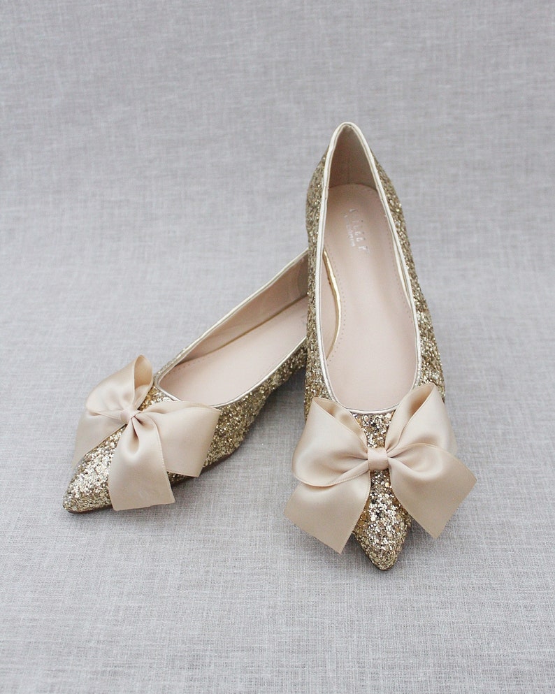 Gold Rock Glitter Pointy Toe Flats with Oversized SATIN BOW, Women Wedding Shoes, Bridesmaid Shoes, Glitter Shoes, Gold Holiday Shoes image 4