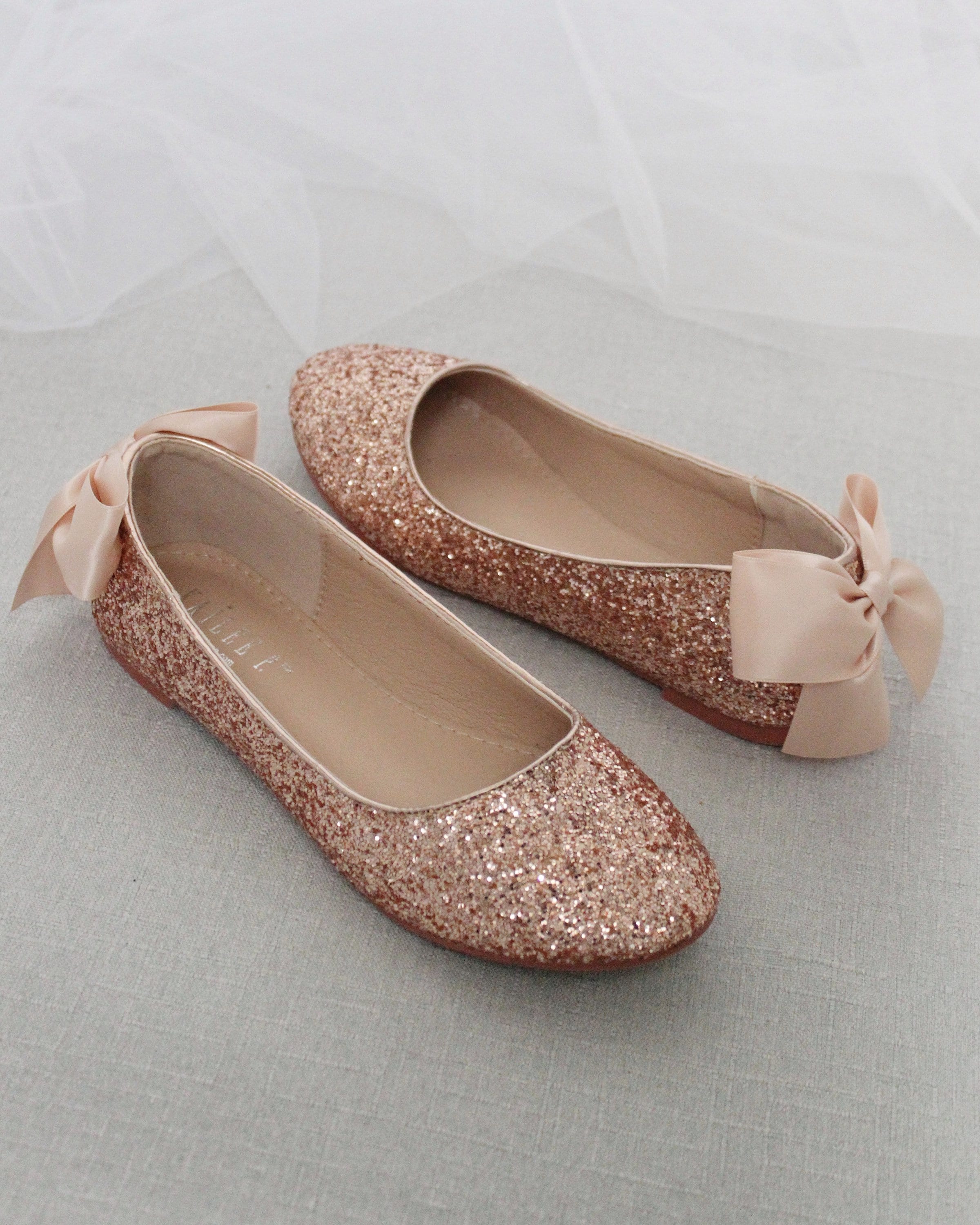 Rose Gold Rock Glitter Flats with Back Satin Bow - Fall Wedding Shoes, Bridesmaids Shoes, Women Wedding Flats, Holiday Shoes