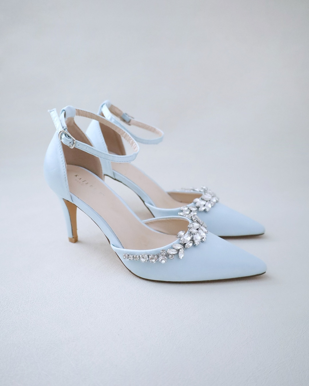 Light Blue Satin Pointy Toe Wedding Heels With Marquise Rhinestones ...