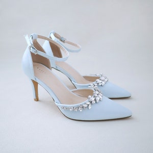 Light Blue Satin Pointy Toe Wedding Heels with Marquise Rhinestones  - Something Blue, Bridesmaids Shoes, Wedding Shoes, Women Shoes