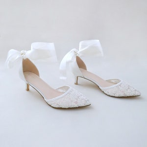 Ivory Crochet Lace Pointy Toe Wedding Low Heels with Wrapped Ankle Tie, Bridal Shoes, Bridal Low Heels, Kitten Heels