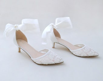 Ivory Crochet Lace Pointy Toe Wedding Low Heels with Wrapped Ankle Tie, Bridal Shoes, Bridal Low Heels, Kitten Heels