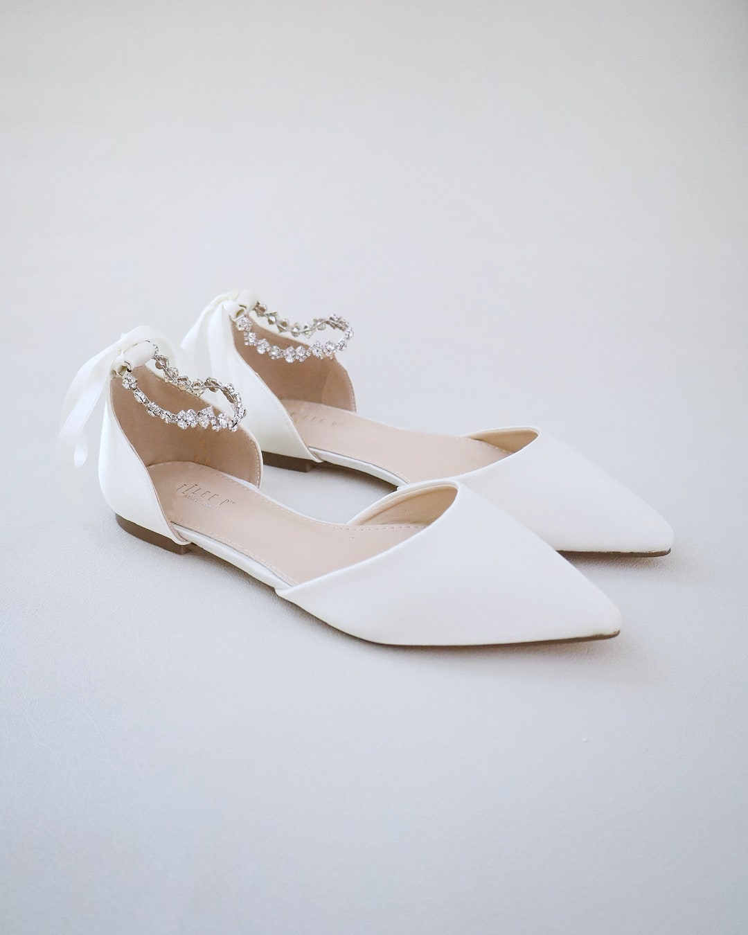 Ivory Pointy Toe Flats With Amaryllis Strap, Fall Wedding Shoes, Satin