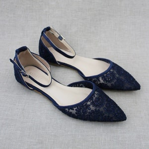 Navy Crochet Lace Pointy Toe Flats Women Wedding Shoes - Etsy