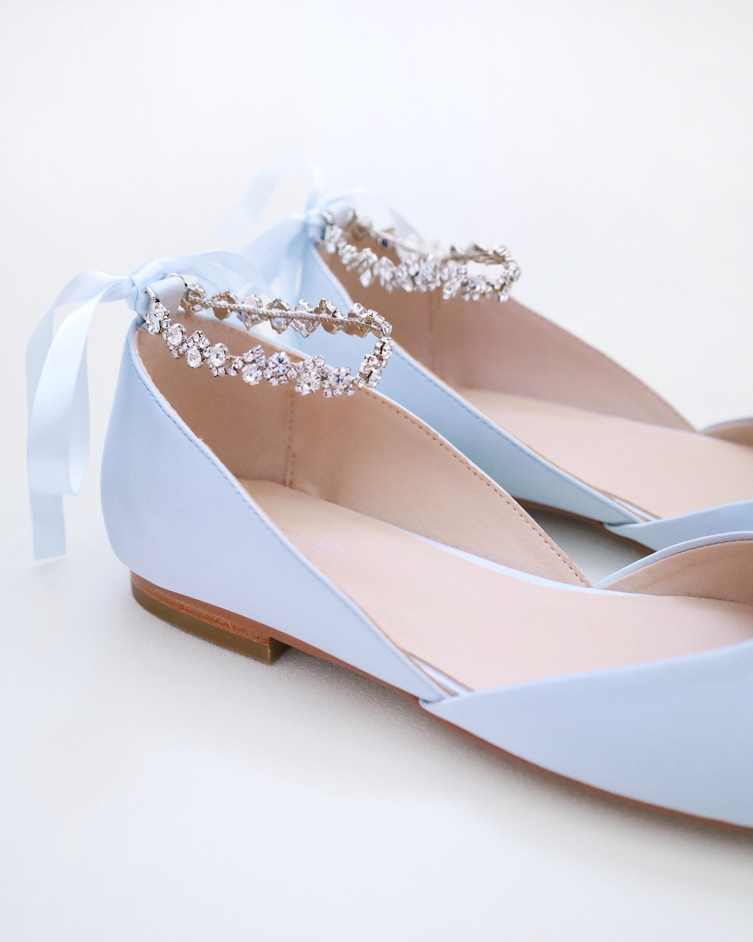 Light Blue Satin Round Toe Wedding Flat With Amaryllis Strap, Wedding Light Blue Satin Round Toe Wedding Flat With Amaryllis Strap, Wedding