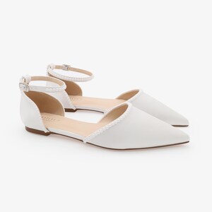White Satin Pointy Toe Flats with MINI PEARLS and Ankle Strap | Women Wedding Shoes, Bridal Shoes, Bridal Flats, White Shoes image 3