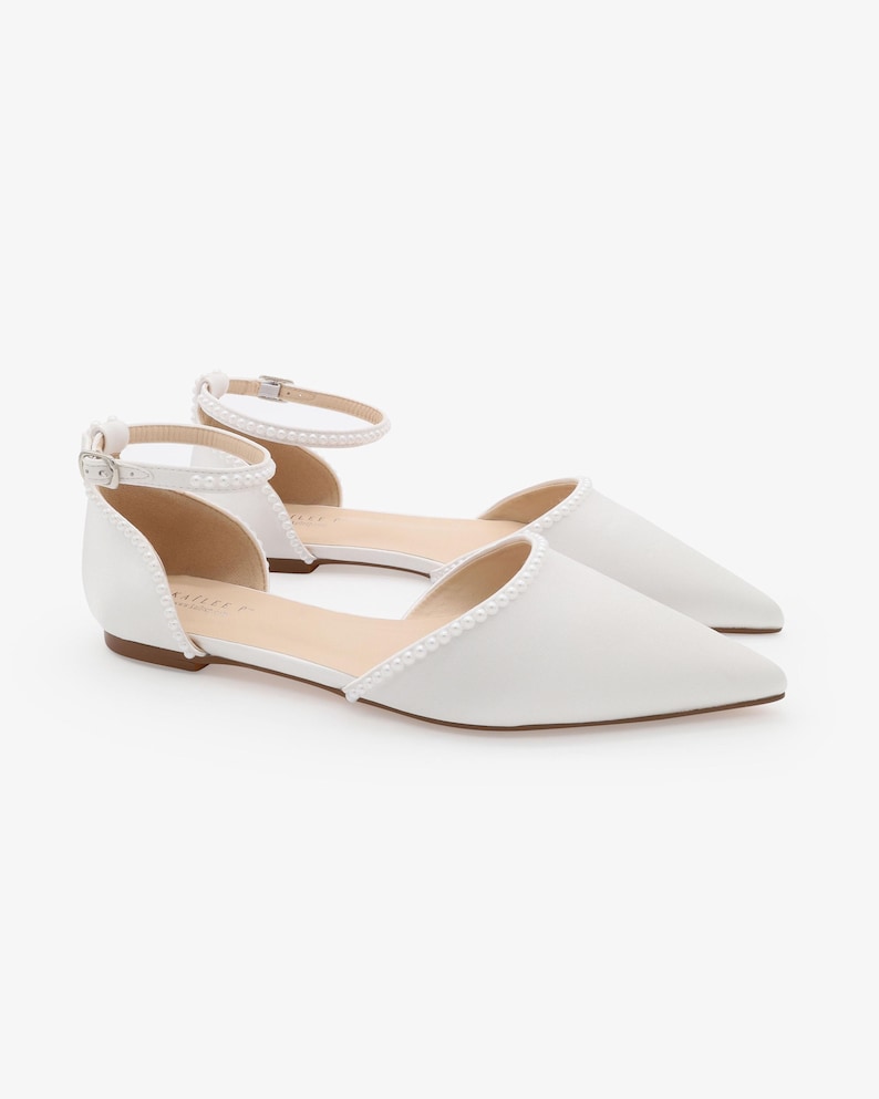White Satin Pointy Toe Flats with MINI PEARLS and Ankle Strap | Women Wedding Shoes, Bridal Shoes, Bridal Flats, White Shoes image 3