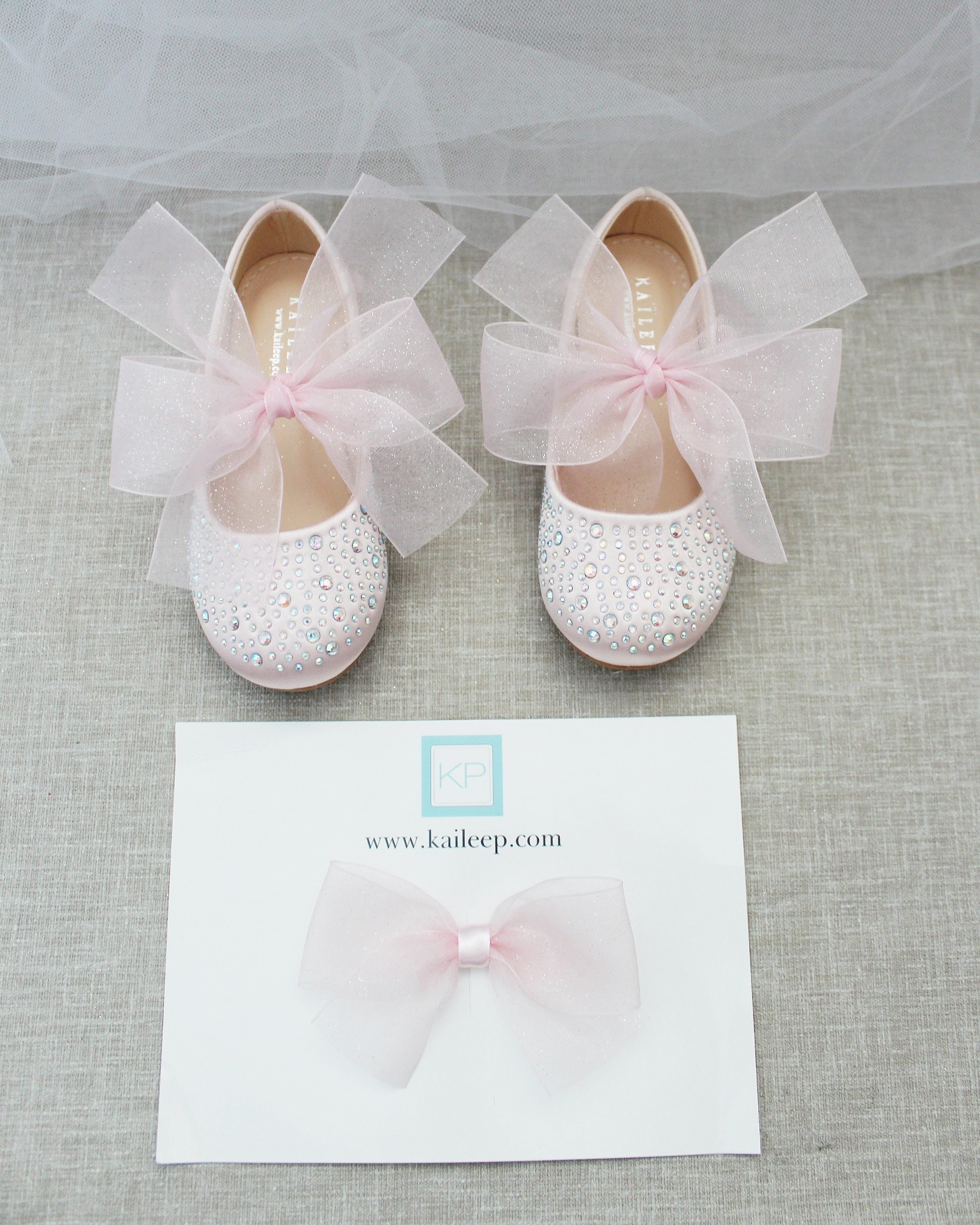 Dusty Pink Satin Mary Jane Flats With CHIFFON BOW and Rhinestones, for ...