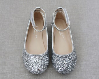 Silver Rock Glitter Ballet Flats con correa de tobillo - Zapatos de niña de flores, Zapatos para niñas, Zapatos para bebés y niños pequeños, Zapatos de vacaciones