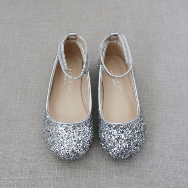 Silver Rock Glitter Ballet Flats with Ankle Strap - Flower girl shoes, Girls Shoes, Infant and Toddler Shoes, Holiday Shoes