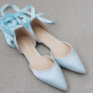 Light Blue Satin Pointy Toe flats with Satin ANKLE TIE Or BALLERINA Lace Up, Wedding Shoes, Something Blue, Blue Bridesmaids Shoes image 4