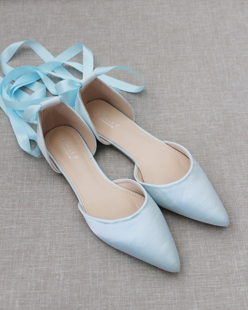 Light Blue Satin Pointy Toe flats with Satin ANKLE TIE Or BALLERINA Lace Up, Wedding Shoes, Something Blue, Blue Bridesmaids Shoes image 4