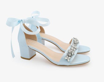 Light Blue Satin Block Heel Sandals with FLORAL RHINESTONES on Upper Strap,  Girls Shoes, Bridal Shoes, Something Blue, Mini and Me Shoes