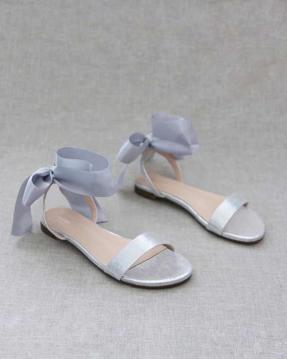 Silver Metallic Satin Flat Sandal With WRAPPED SATIN TIE Bridesmaid Shoes Women Sandals Holiday Shoes Girls Sandals Mommy Me Shoes Etsy