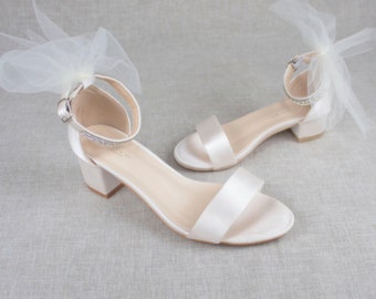 Soft Blush Satin Block Heel Sandal with Ivory TULLE BACK BOW, Pink Heels, Flower Girls Shoes, Bridesmaid Shoes, Mother Daughter Shoes