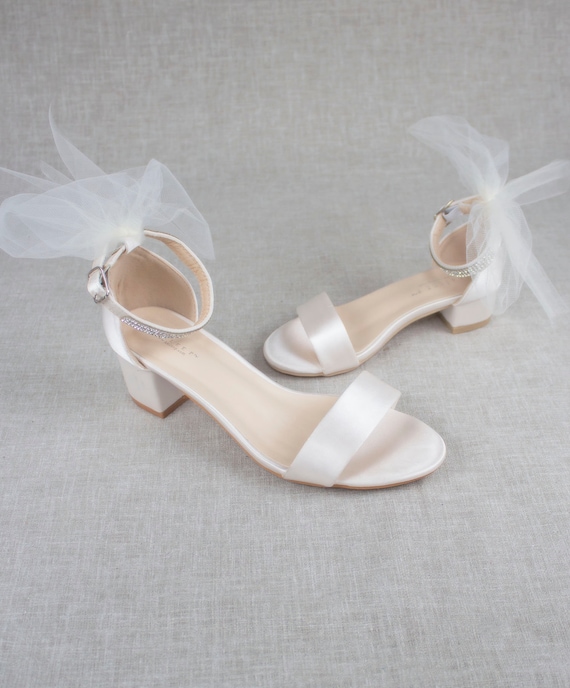 White Satin Block Heel Sandals With FLORAL RHINESTONES on Upper Strap,  Flower Girls Shoes, Jr.bridesmaid Shoes, Wedding Sandals, Women Shoes 