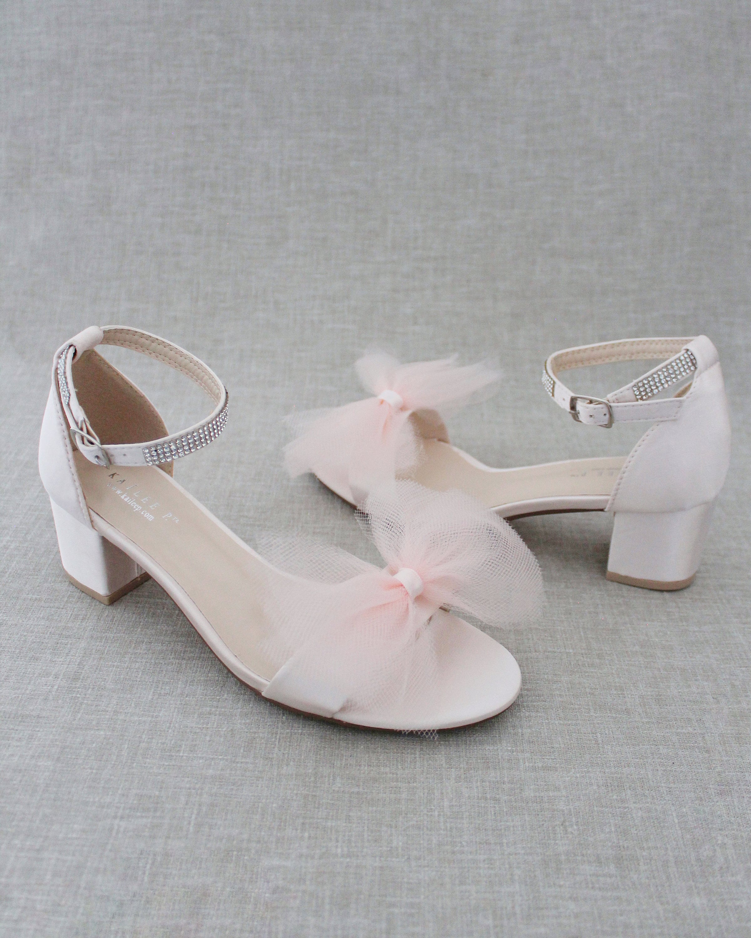 knee length dresses for ladies Satin Block Heel Sandal with Front Oversized Tulle Bow, Bridal Shoes 6 / Regular Ankle Strap