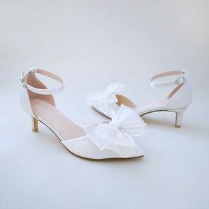 Ivory Satin Pointy Toe Low Heels with Layered Organza Bow, Fall Wedding Shoes, Bridal Shoes, Bridal Low Heels, Kitten Heels image 2