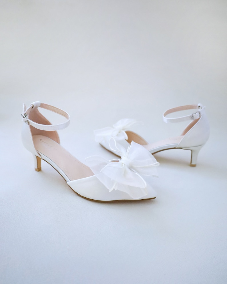 Ivory Satin Pointy Toe Low Heels with Layered Organza Bow, Fall Wedding Shoes, Bridal Shoes, Bridal Low Heels, Kitten Heels image 2