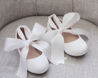 Kids Shoes | White Satin Flats with Satin Ankle Tie - Satin flower girls shoes, Baptism Shoes, Communion shoes, Jr.Bridesmaids Shoes