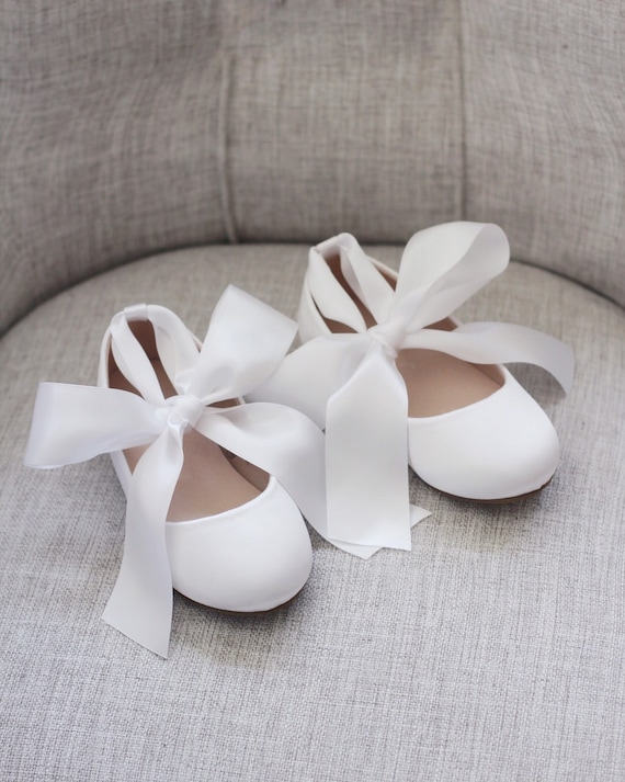 Kids Shoes White Satin Flats With Satin Ankle Tie Satin Flower Girls Shoes Baptism Shoes Communion Shoes Jr.bridesmaids Shoes Etsy