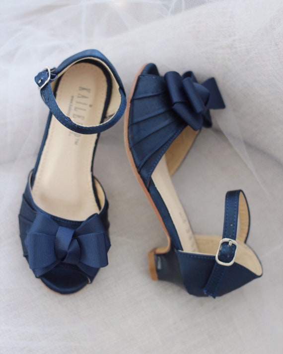 NAVY SATIN Heel Sandal with grosgrain bow, Flower Girls Shoes, Jr. Bridesmaids Shoes, Girls Sandals NAVY SATIN Heel Sandal with grosgrain bow, Flower Girls Shoes, Jr. Bridesmaids Shoes, Girls Sandals