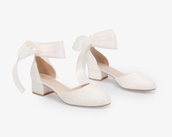 Ivory Lace Round Toe Low Block Heel Wedding Shoes with Wrapped Ankle Tie, Wedding Lace Shoes, Bridal Flats, Bridal Shoes