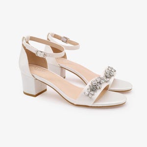 White Satin Block Heel Sandals with FLORAL RHINESTONES on Upper Strap, Flower Girls Shoes, Jr.Bridesmaid Shoes, Wedding Sandals, Women Shoes REGULAR ANKLE STRAP