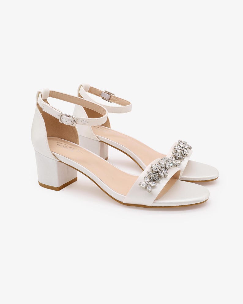 White Satin Block Heel Sandals with FLORAL RHINESTONES on Upper Strap, Flower Girls Shoes, Jr.Bridesmaid Shoes, Wedding Sandals, Women Shoes REGULAR ANKLE STRAP