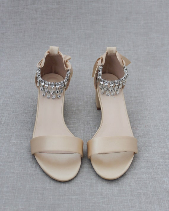 embellished satin block heel sandals