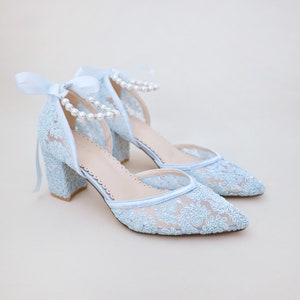 Light Blue Crochet Lace Almond Toe Block Heel with Pearls Ankle Strap,Women Wedding Shoes, Bridesmaids Shoes, Bridal Shoes, Something Blue