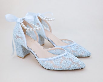 Light Blue Crochet Lace Almond Toe Block Heel with Pearls Ankle Strap,Women Wedding Shoes, Bridesmaids Shoes, Bridal Shoes, Something Blue