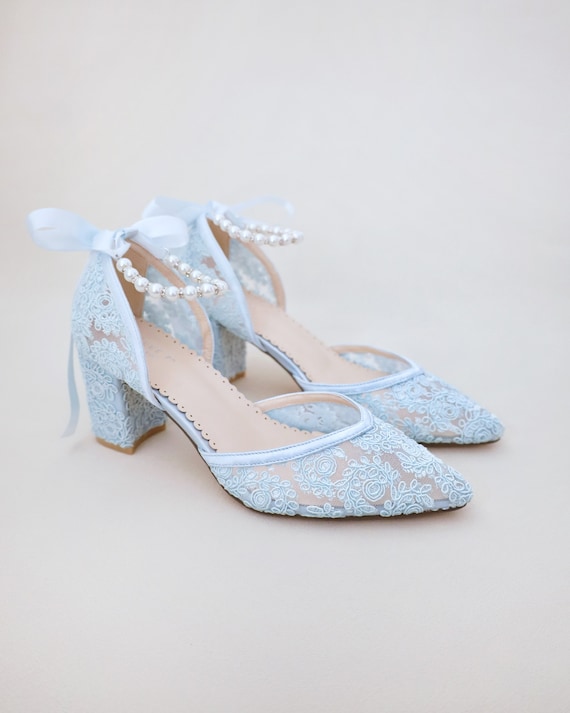 Crystal Bow Blue Block Heel Wedding Shoes | Bella Belle