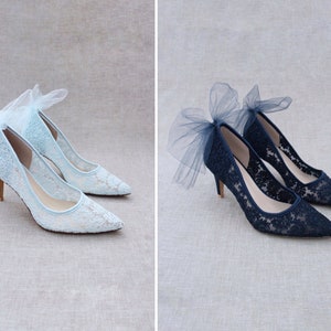 Light Blue & Navy Crochet Lace Pointy toe PUMPS with Back TULLE Bow - Women Wedding Shoes, Bridesmaid Shoes, Something Blue, Holiday Shoes