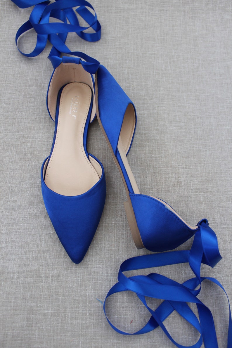Royal Blue Satin Pointy Toe Flats With Satin ANKLE TIE or - Etsy