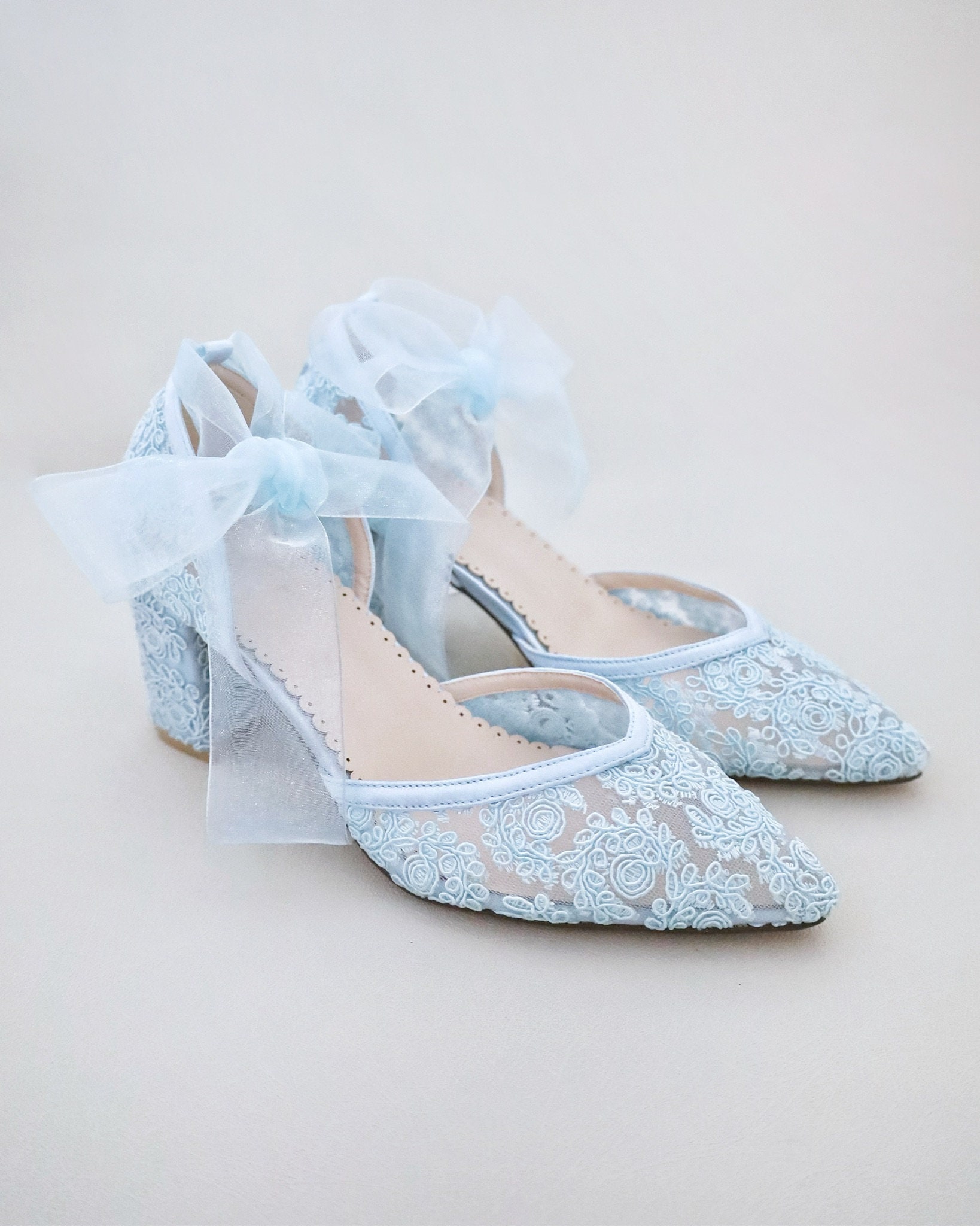 Light Blue Crochet Lace Almond Toe Block Heels With Ballerina Lace