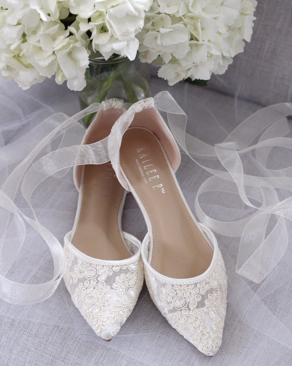 Ivory Crochet Lace Pointy Toe Flats Women Wedding Shoes | Etsy