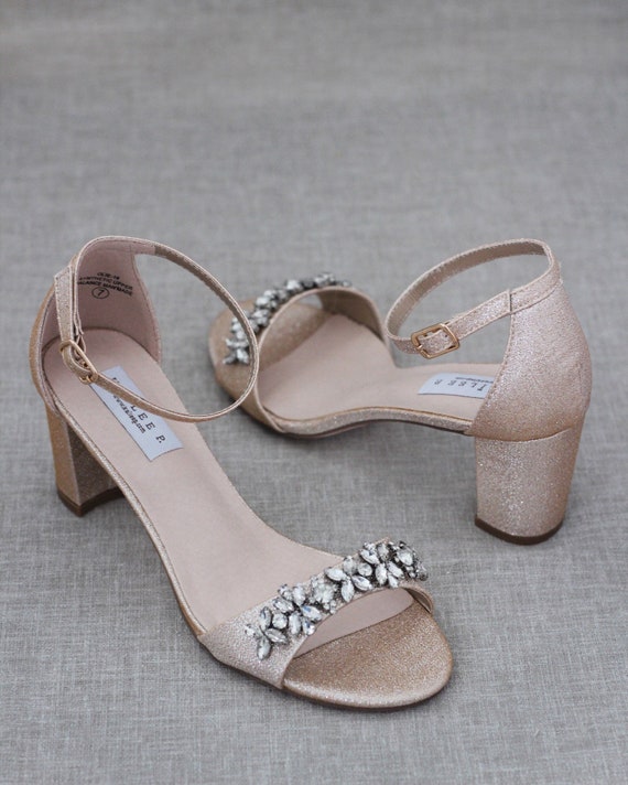 gold low block heels