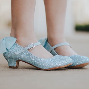 Light Blue Glitter Heel Shoes - Gold Rock Glitter Mary Jane heels with added satin bow - Flower Girl shoes and Princess Shoes, Holiday Shoes