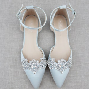 Light Blue Satin Pointy Toe Flats with Sparkly RHINESTONES APPLIQUE , Women Wedding Shoes, Bridal Shoes, Something Blue, Bridesmaids Shoes image 5