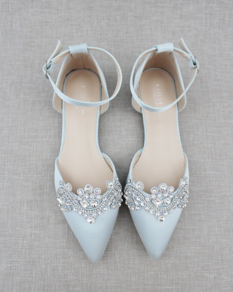 Light Blue Satin Pointy Toe Flats with Sparkly RHINESTONES APPLIQUE , Women Wedding Shoes, Bridal Shoes, Something Blue, Bridesmaids Shoes image 5