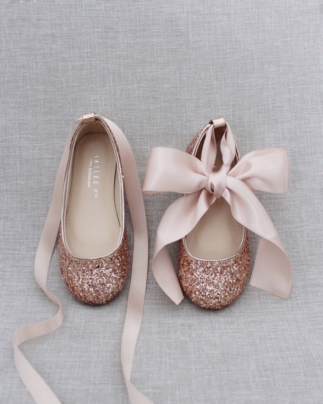 Rose Gold Rock Glitter Ballet Flats With BLUSH Satin Ankle Tie or ...