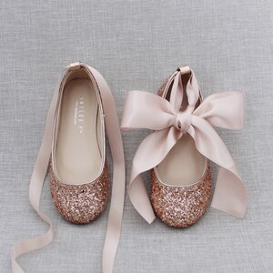 Rose Gold Rock Glitter ballet Flats with BLUSH Satin Ankle Tie or Ballerina Lace Up - Flower girl shoes, Holiday Shoes, Birthday Shoes