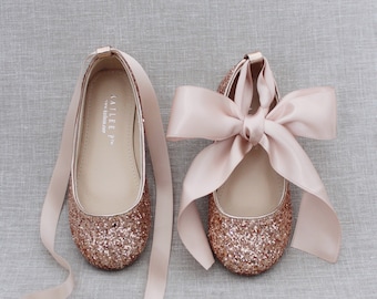 Rose Gold Rock Glitter ballet Flats with BLUSH Satin Ankle Tie or Ballerina Lace Up - Flower girl shoes, Holiday Shoes, Birthday Shoes